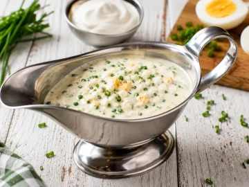 Cremige Sahnesoße mit Schnittlauch und Ei in einer Edelstahl-Sauciere