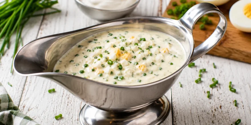 Cremige Sahnesoße mit Schnittlauch und Ei in einer Edelstahl-Sauciere