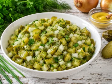 Salat aus sauren Gurken mit Zwiebeln und frischen Kräutern in weißer Schüssel