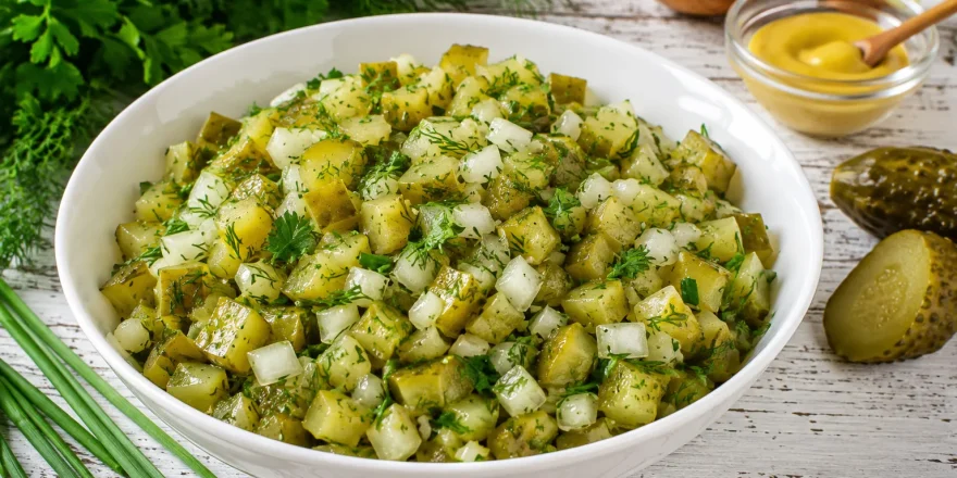 Salat aus sauren Gurken mit Zwiebeln und frischen Kräutern in weißer Schüssel