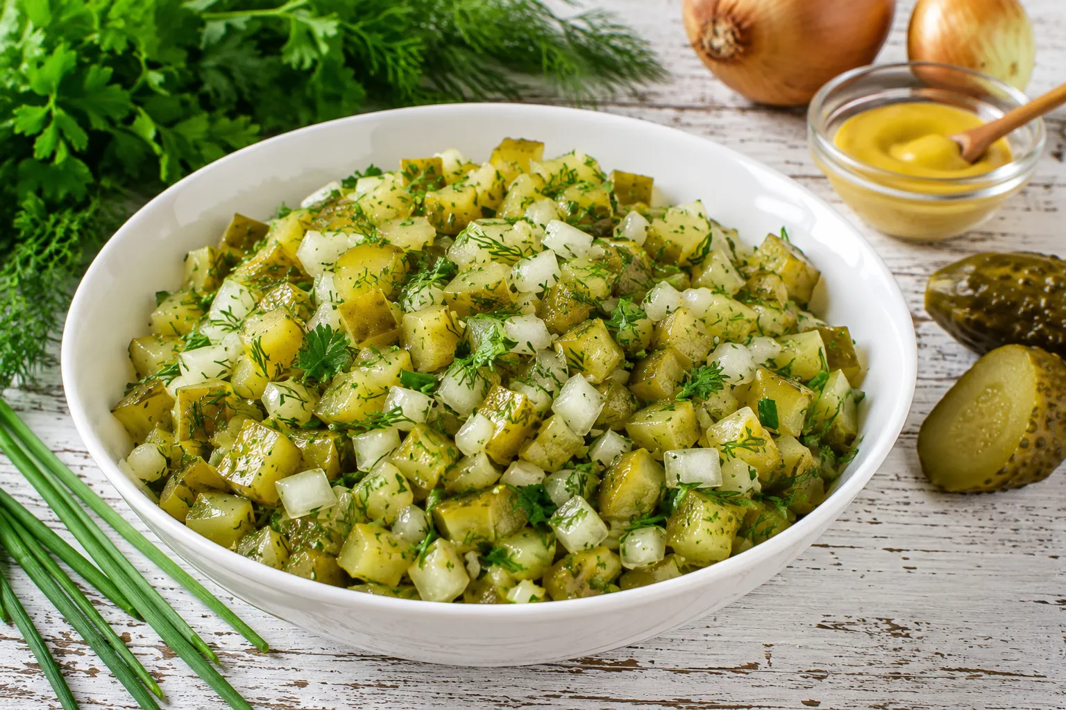 Salat aus sauren Gurken mit Zwiebeln und frischen Kräutern in weißer Schüssel
