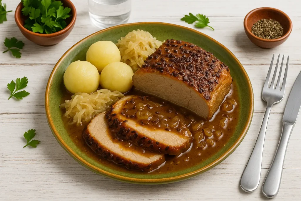  Schweinebraten mit Kümmel und Zwiebelsoße, angerichtet auf rustikalem Teller mit Kartoffelklößen und Sauerkraut.
