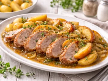 In Scheiben geschnittene Schweinslende mit gedünsteten Äpfeln und Soße auf weißem Teller angerichtet