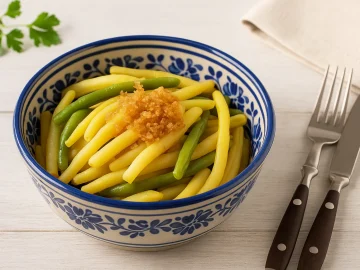 Polnische Schüssel mit gekochten Spargelbohnen, verfeinert mit Butter und Semmelbröseln