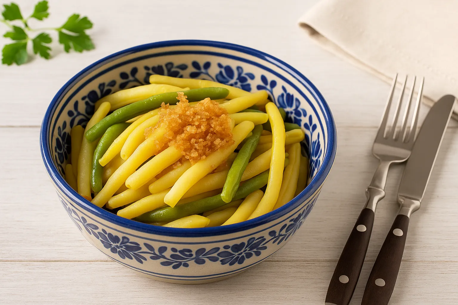 Polnische Schüssel mit gekochten Spargelbohnen, verfeinert mit Butter und Semmelbröseln