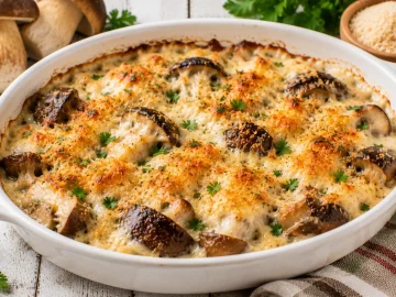 Überbackene Steinpilze mit Käsekruste und saurer Sahne in Auflaufform