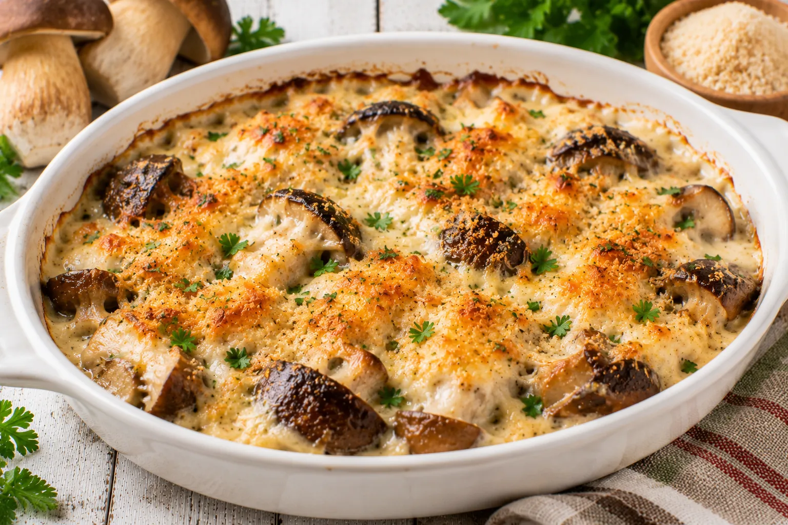 Überbackene Steinpilze mit Käsekruste und saurer Sahne in Auflaufform