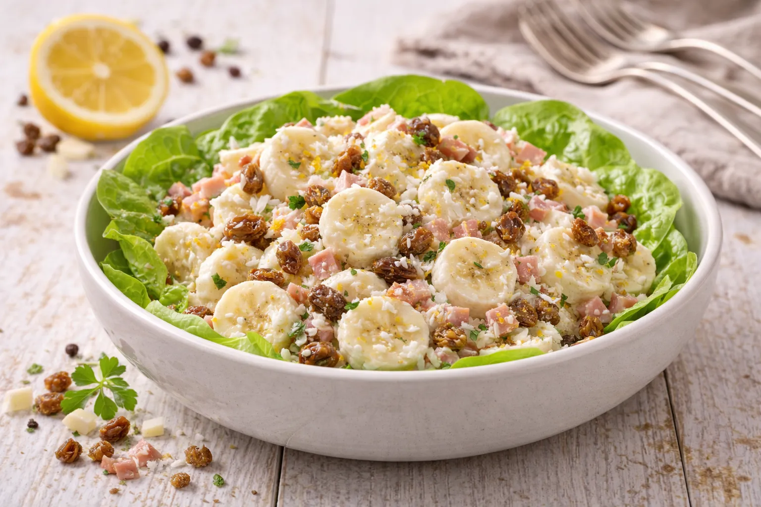Afrikanischer Bananensalat mit Kokosraspeln und Sultaninen in moderner Salatschüssel auf hellem Holztisch