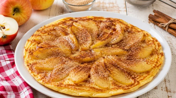 Apfel-Eierkuchen mit Apfelscheiben und Zimtzucker auf weißem Teller