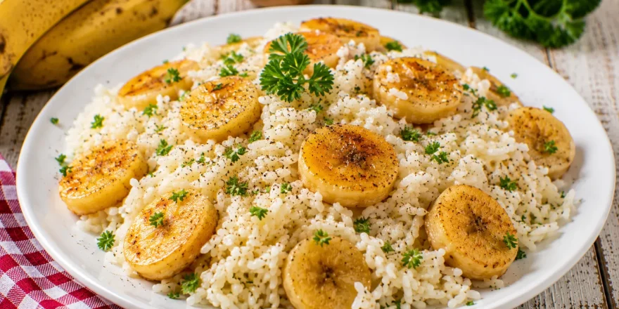 Bananenreis mit goldbraun gebratenen Bananenscheiben auf weißem Teller