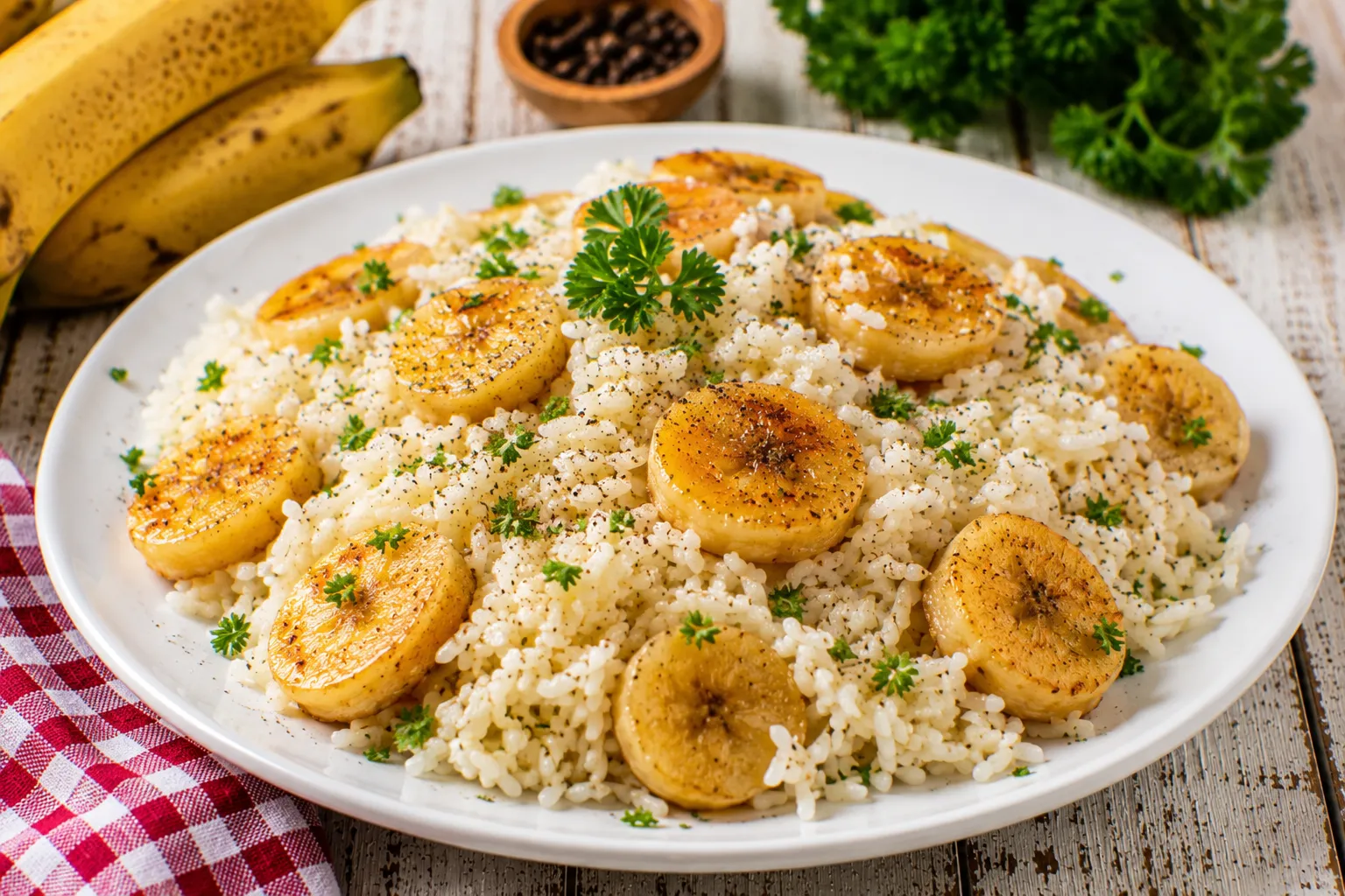 Bananenreis mit goldbraun gebratenen Bananenscheiben auf weißem Teller