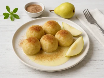 Birnenklöße auf weißem DDR-Teller, bestreut mit Zimtzucker, serviert mit Vanillesoße auf hellem Holztisch