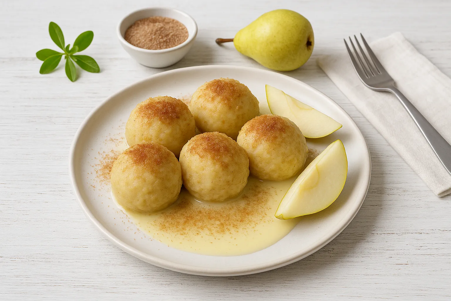 Birnenklöße auf weißem DDR-Teller, bestreut mit Zimtzucker, serviert mit Vanillesoße auf hellem Holztisch