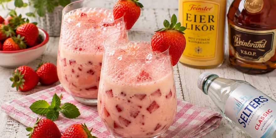 Cremiger Erdbeer-Flip mit frischen Erdbeeren im Cocktailglas