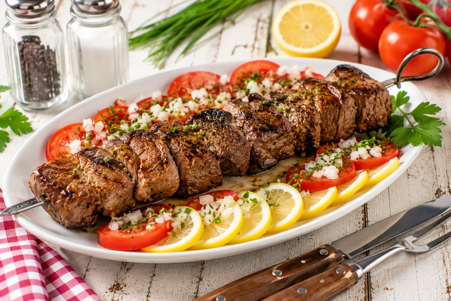Gegrilltes Rinderfilet am Metallspieß mit Tomaten und Zitronenscheiben