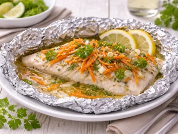 Weißer Teller mit Fischfilet aus der Folie, mit Möhre, Zwiebel und Kräutern, auf weißem Holzhintergrund mit sichtbarer Maserung