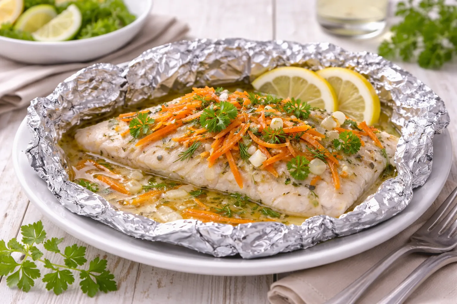 Weißer Teller mit Fischfilet aus der Folie, mit Möhre, Zwiebel und Kräutern, auf weißem Holzhintergrund mit sichtbarer Maserung