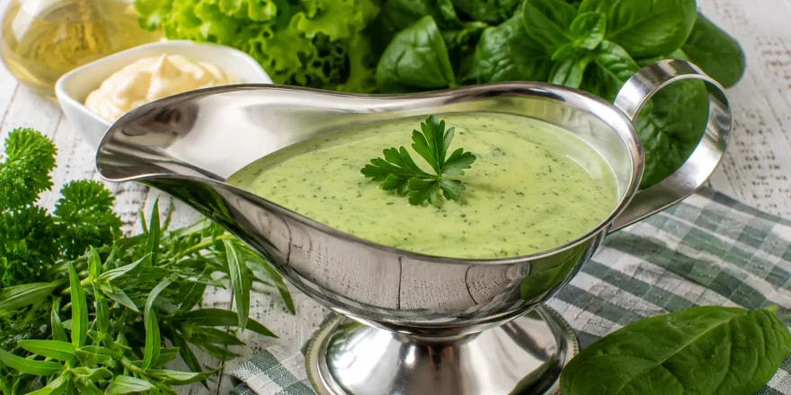 Cremige Grüne Soße mit frischen Kräutern in einer Edelstahl-Sauciere