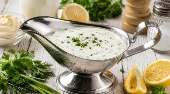 Cremige Joghurtsoße mit frischen Kräutern in einer Edelstahl-Sauciere