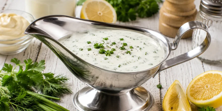 Cremige Joghurtsoße mit frischen Kräutern in einer Edelstahl-Sauciere