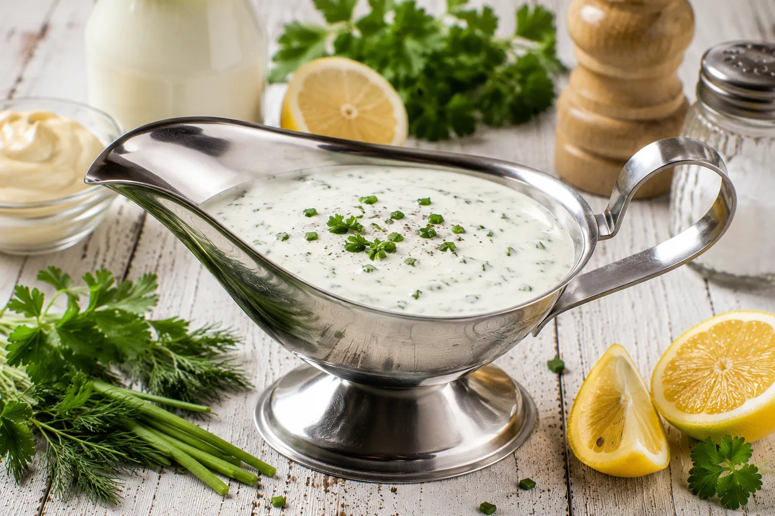 Cremige Joghurtsoße mit frischen Kräutern in einer Edelstahl-Sauciere