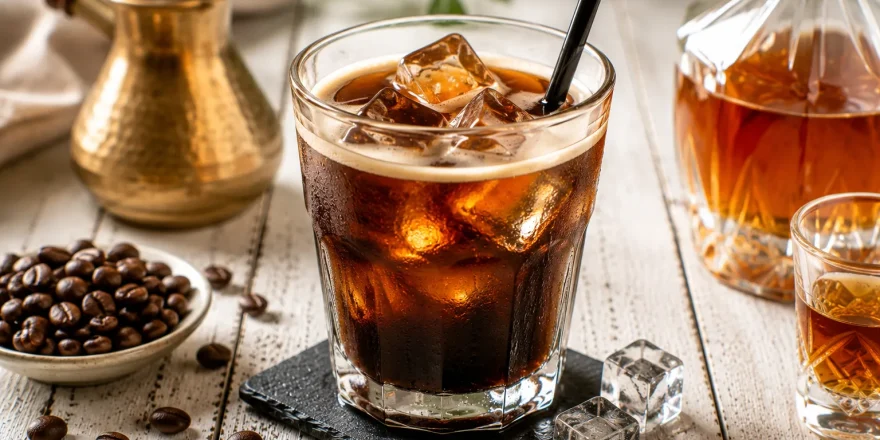 Masagran mit Mokka, Eiswürfeln und Weinbrand im Glas
