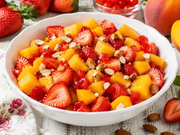 Pfirsichsalat mit Erdbeeren, Mandeln und Maraschinokirschen in weißer Schüssel
