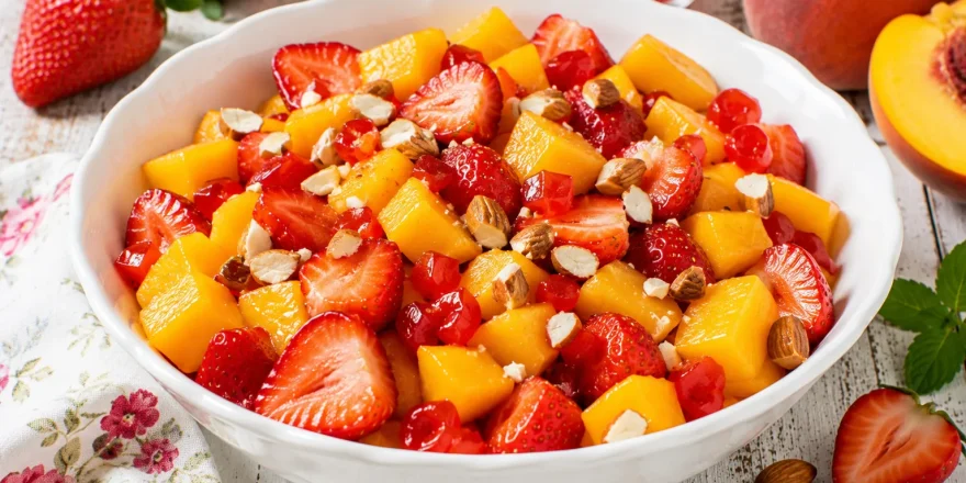 Pfirsichsalat mit Erdbeeren, Mandeln und Maraschinokirschen in weißer Schüssel