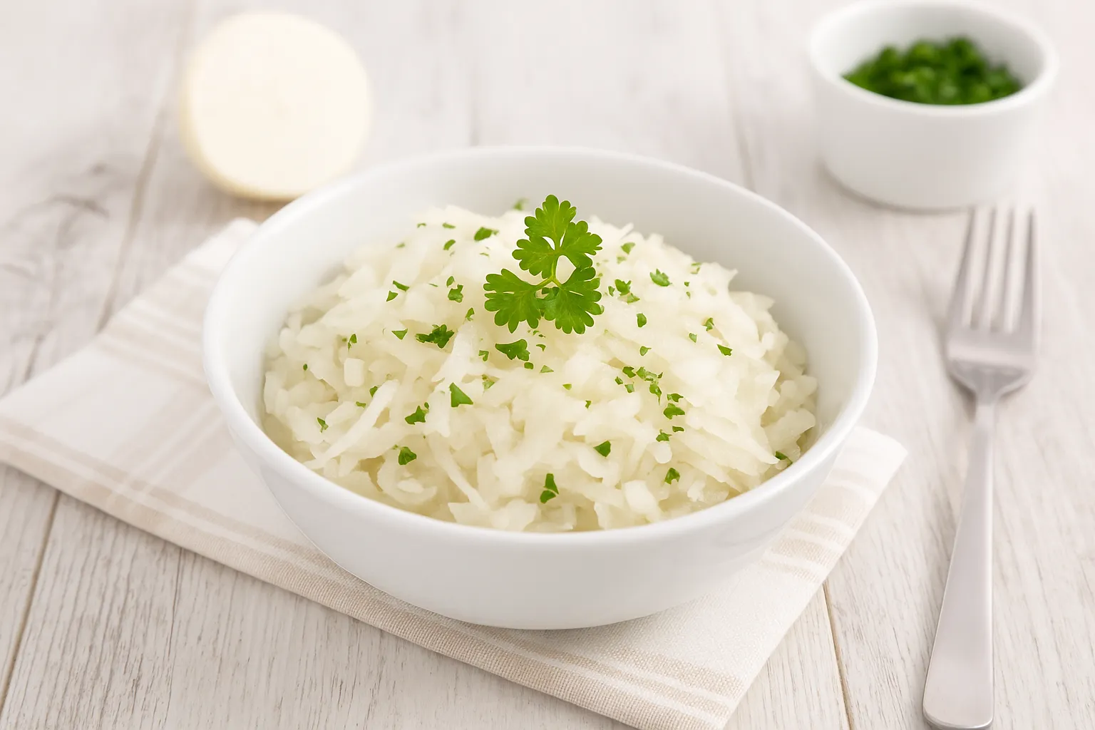 Rettichsalat mit Zwiebeln und frischer Petersilie in weißer Schüssel auf Holztisch