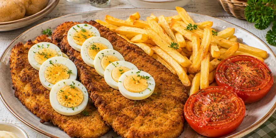 Knuspriges Rigaer Schnitzel mit hartgekochten Eiern, Pommes frites und gebratenen Tomaten.