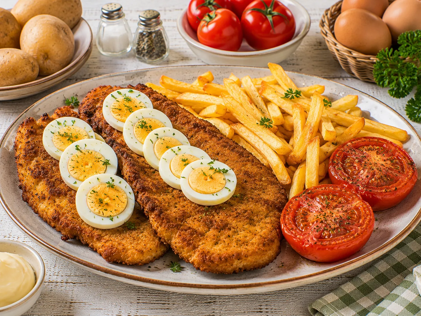 Knuspriges Rigaer Schnitzel mit hartgekochten Eiern, Pommes frites und gebratenen Tomaten.