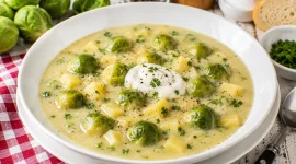 Cremige Rosenkohlsuppe mit Kartoffeln und saurer Sahne im weißen tiefen Teller