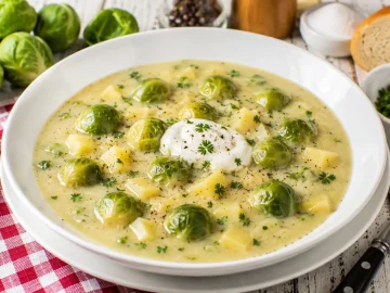 Cremige Rosenkohlsuppe mit Kartoffeln und saurer Sahne im weißen tiefen Teller