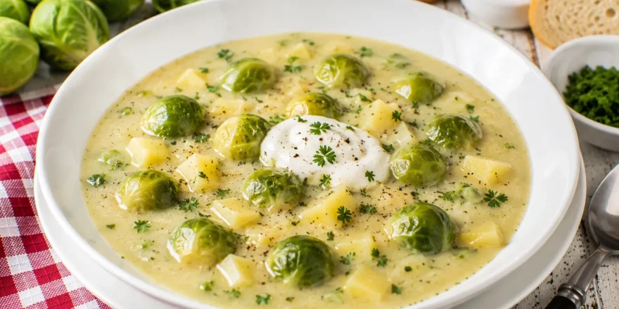 Cremige Rosenkohlsuppe mit Kartoffeln und saurer Sahne im weißen tiefen Teller