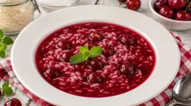 Fruchtige Sauerkirschsuppe mit Reis in einem weißen tiefen Teller