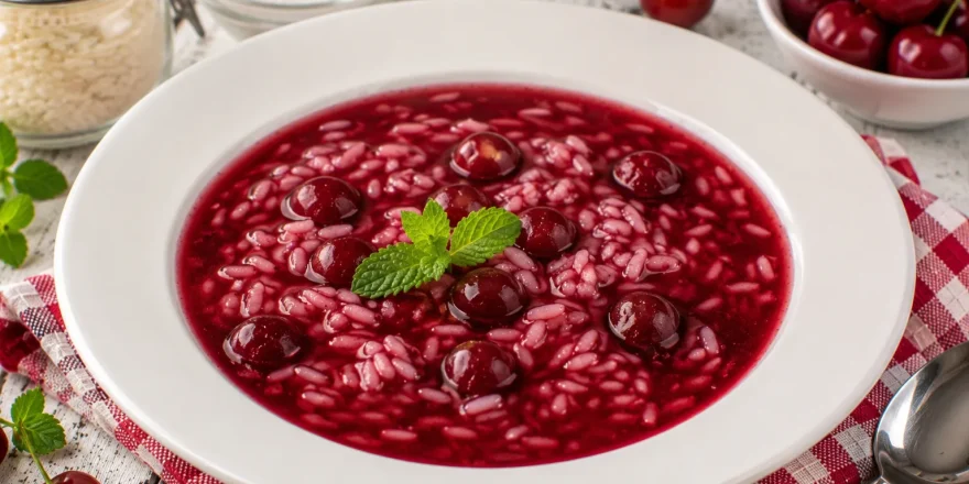 Fruchtige Sauerkirschsuppe mit Reis in einem weißen tiefen Teller