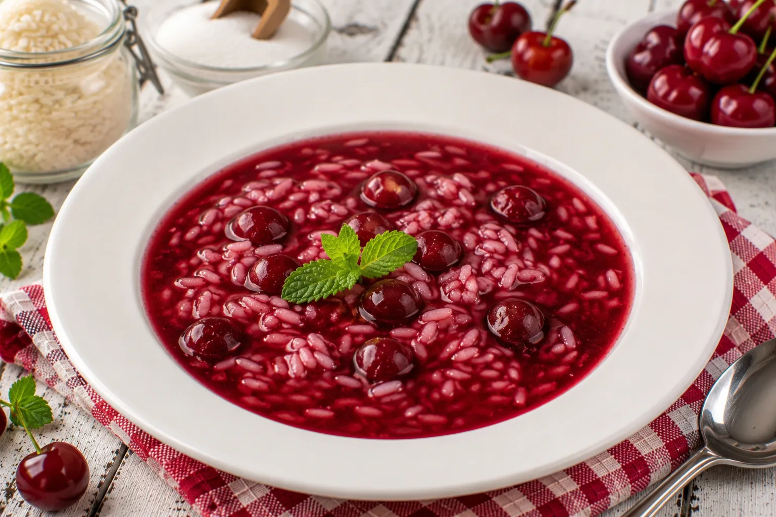 Fruchtige Sauerkirschsuppe mit Reis in einem weißen tiefen Teller