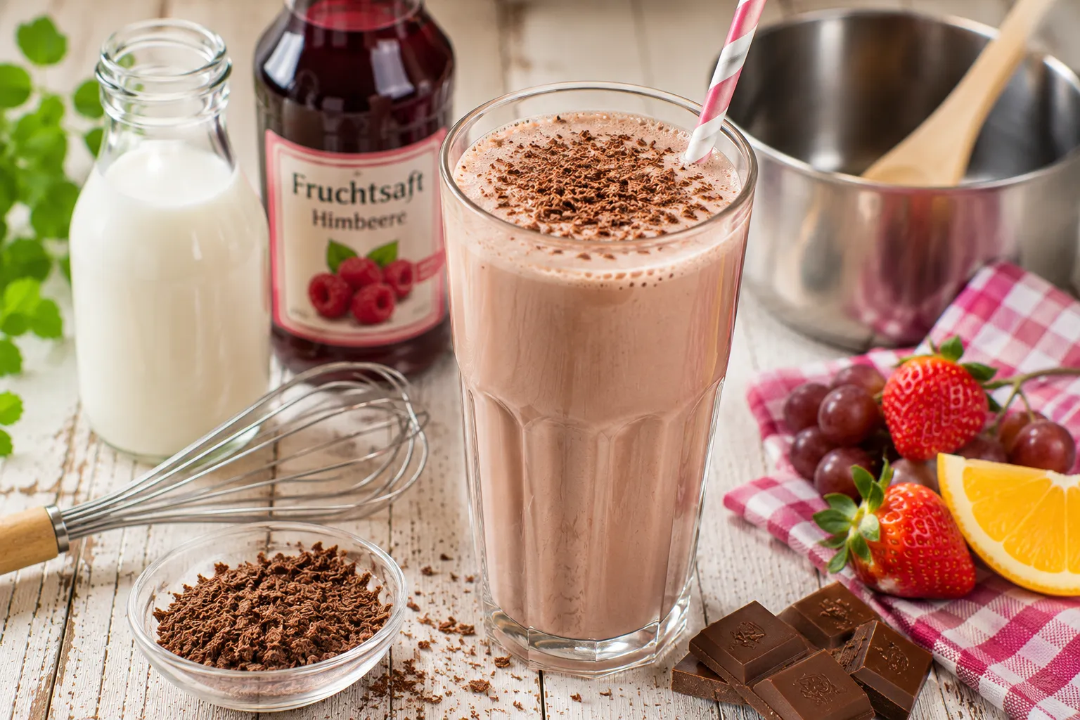 Cremige Schokoladen-Fruchtmilch im hohen Glas mit geriebener Schokolade