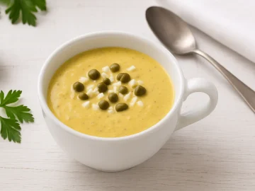 Eine weiße Schale mit cremiger Senfsoße, dekoriert mit Kapern und Eiweißstückchen, serviert auf hellem Holzhintergrund.