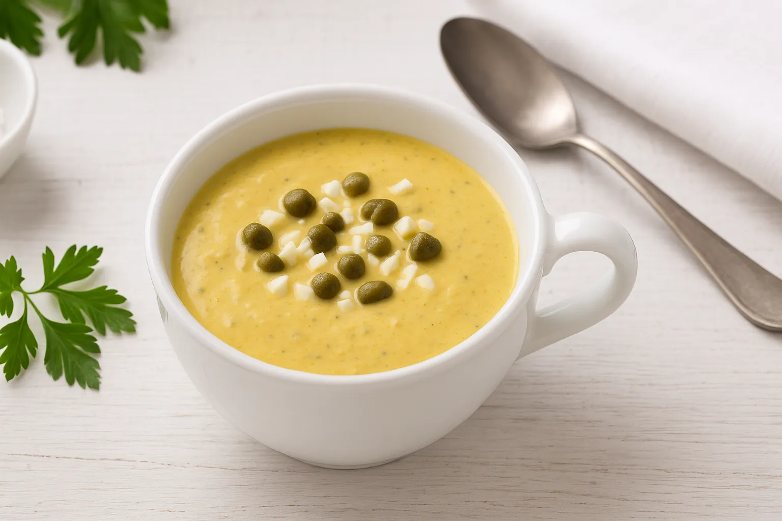 Eine weiße Schale mit cremiger Senfsoße, dekoriert mit Kapern und Eiweißstückchen, serviert auf hellem Holzhintergrund.