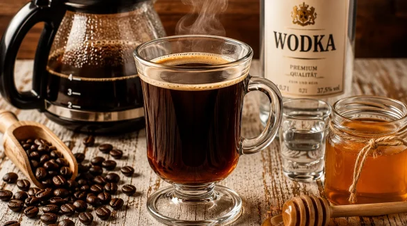Heißer Kaffee mit Honig und Wodka in einem Glas