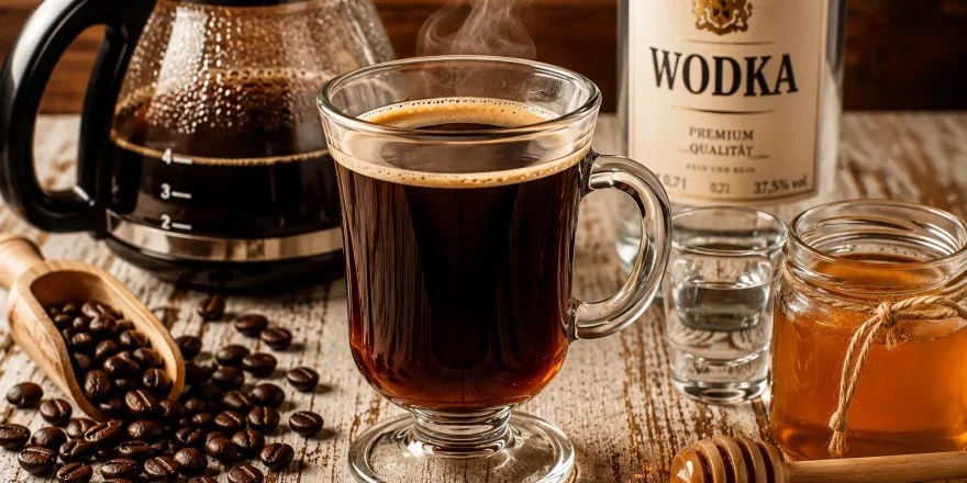 Heißer Kaffee mit Honig und Wodka in einem Glas