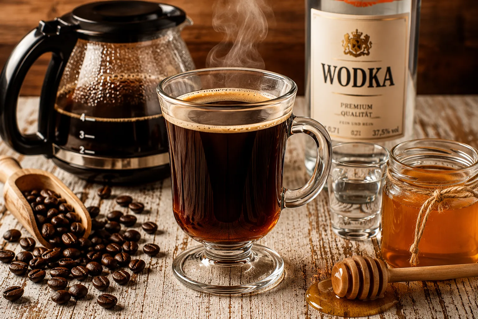 Heißer Kaffee mit Honig und Wodka in einem Glas