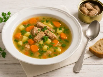 Weiße Suppenschale mit Suppe aus Fischkonserven, Gemüse und Kräutern, auf weißem Holztisch mit Besteck und Brot