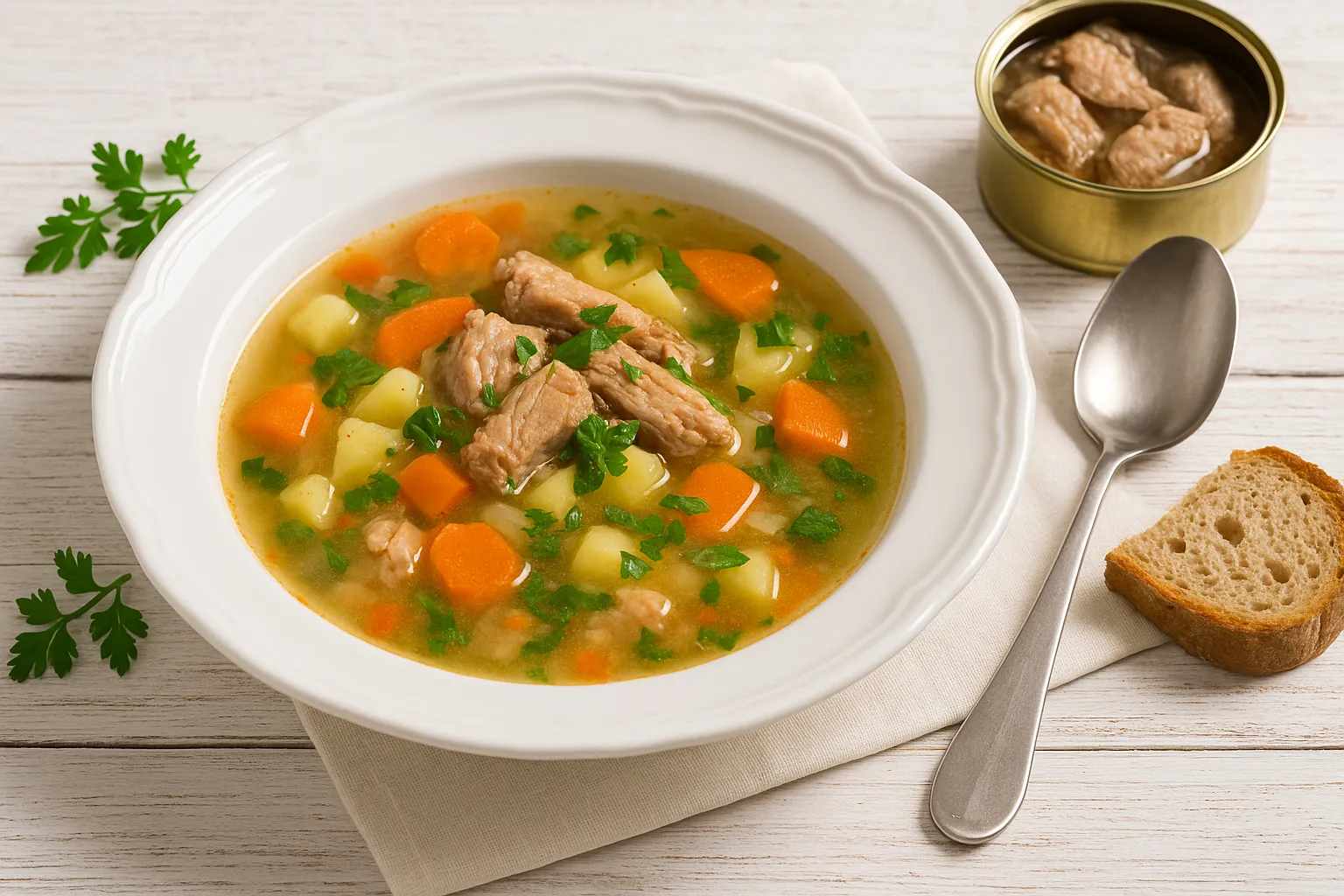 Weiße Suppenschale mit Suppe aus Fischkonserven, Gemüse und Kräutern, auf weißem Holztisch mit Besteck und Brot
