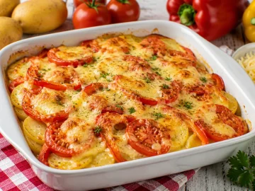 Goldbrauner Tomaten-Kartoffel-Auflauf mit Paprika und Käse in weißer Auflaufform