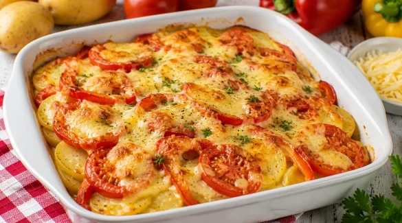 Goldbrauner Tomaten-Kartoffel-Auflauf mit Paprika und Käse in weißer Auflaufform