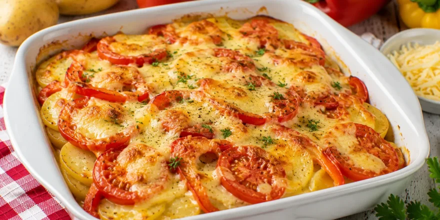 Goldbrauner Tomaten-Kartoffel-Auflauf mit Paprika und Käse in weißer Auflaufform