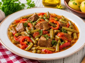 Ungarischer Bohnentopf mit Bohnen, Hammelfleisch und Paprika im weißen Teller