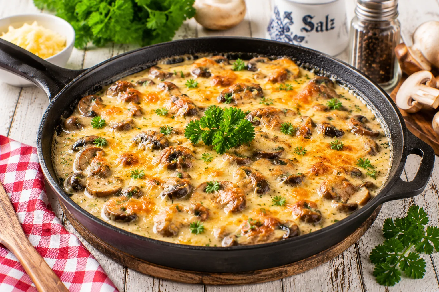 Gebackene Pilze mit saurer Sahne und Käse in einer Pfanne